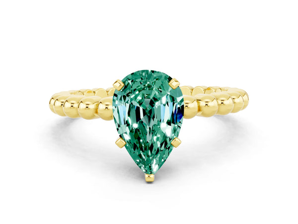 Yellow gold Pear Cut Green Sapphire Solitaire Ring with Beaded Band and Prong Setting