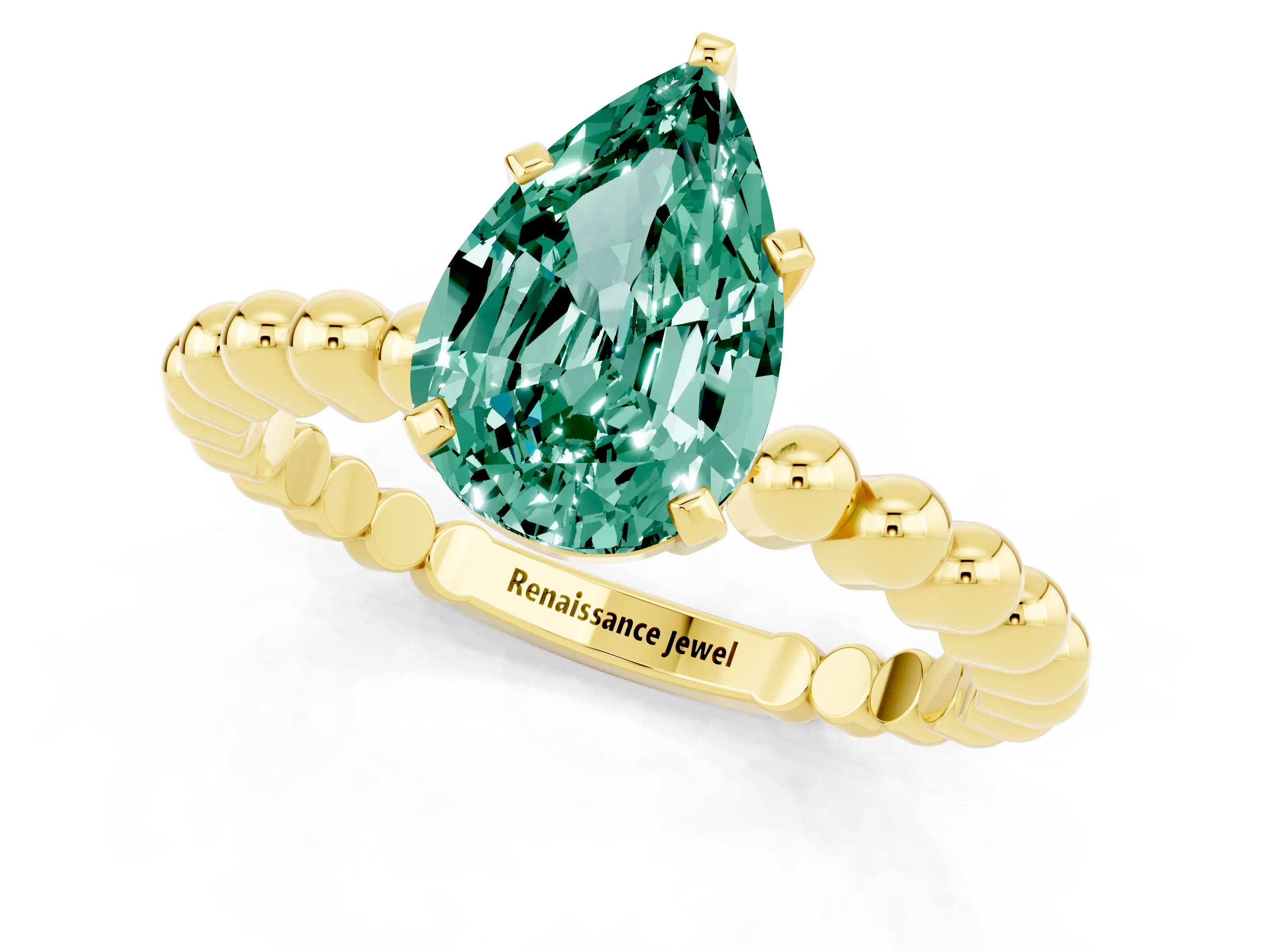 Yellow gold Pear Cut Green Sapphire Solitaire Ring with Beaded Band and Prong Setting_1