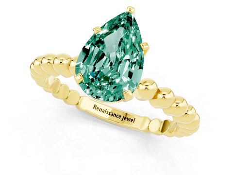 Yellow gold Pear Cut Green Sapphire Solitaire Ring with Beaded Band and Prong Setting_1