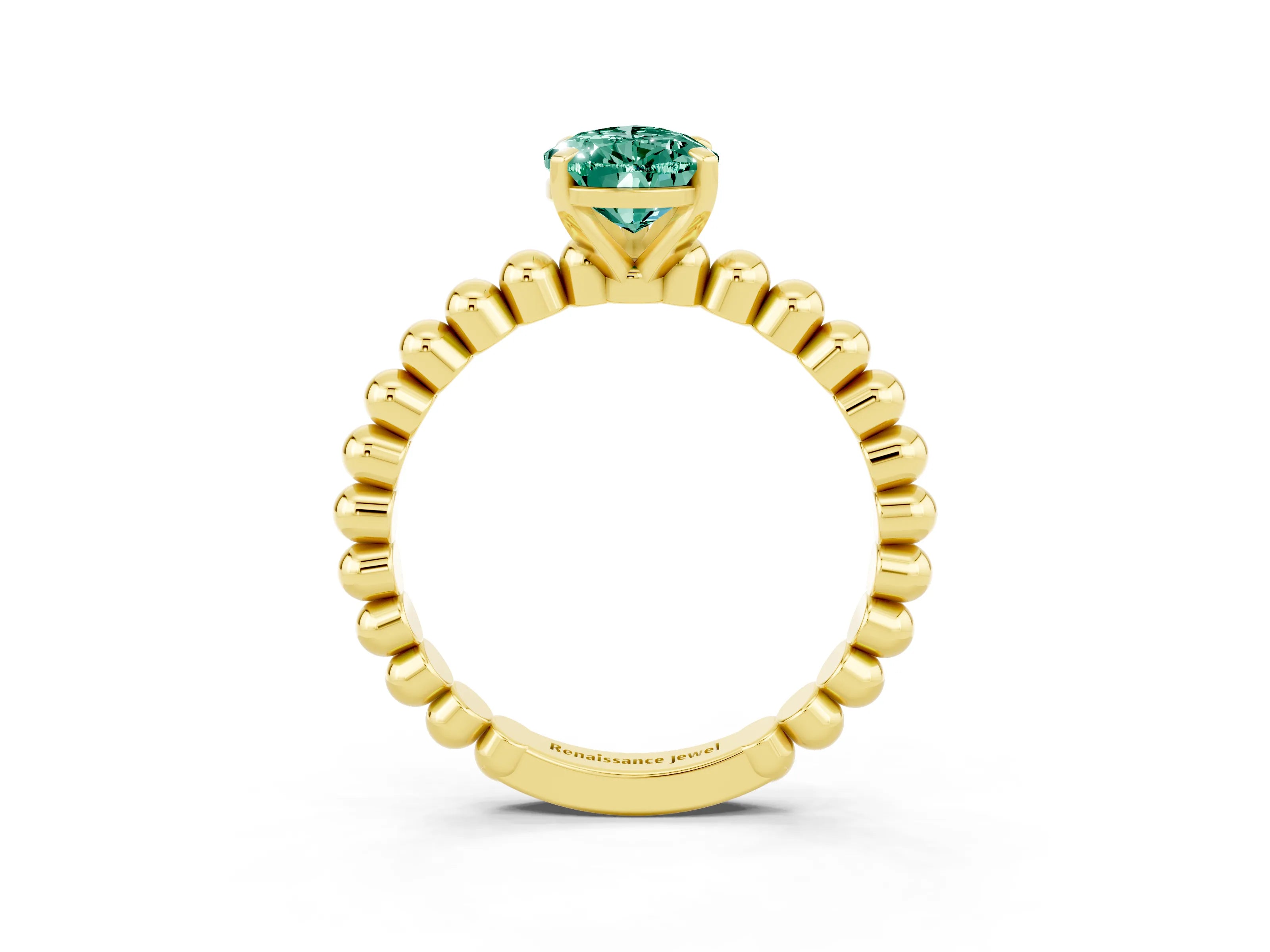 Yellow gold Pear Cut Green Sapphire Solitaire Ring with Beaded Band and Prong Setting_3