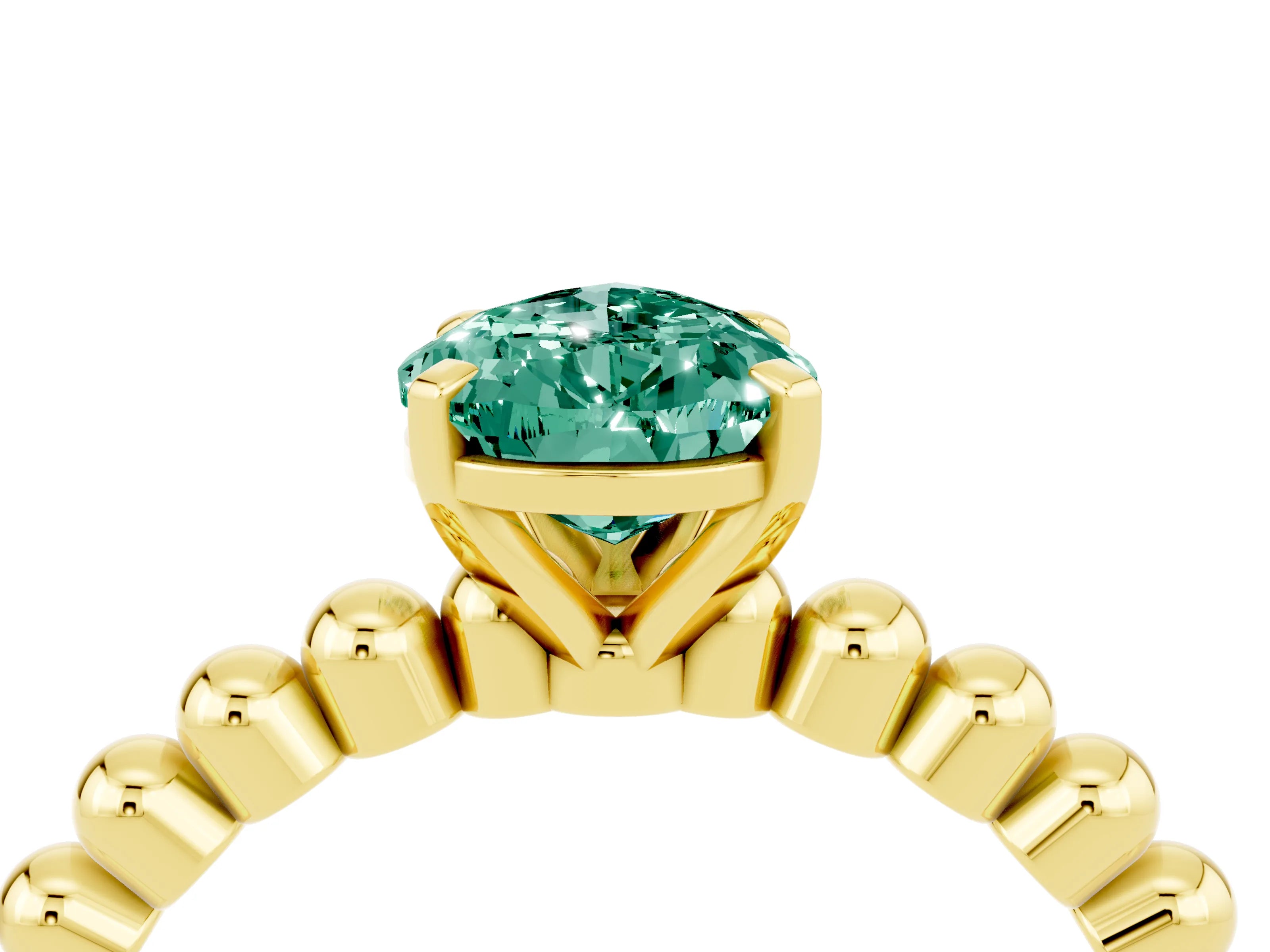 Yellow gold Pear Cut Green Sapphire Solitaire Ring with Beaded Band and Prong Setting_4