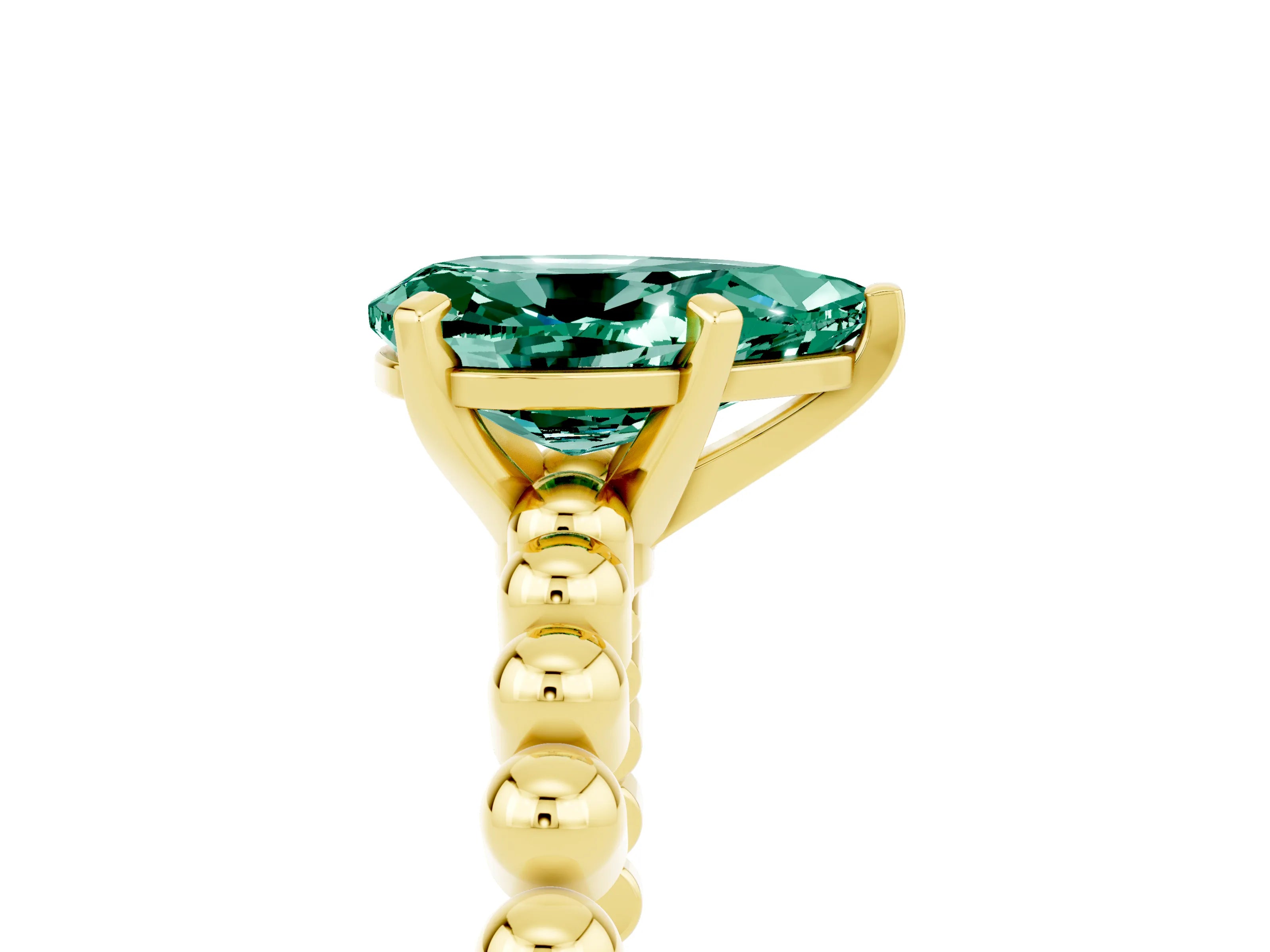 Yellow gold Pear Cut Green Sapphire Solitaire Ring with Beaded Band and Prong Setting_5