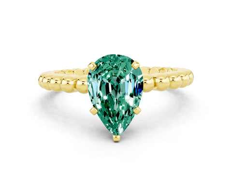 Yellow gold Pear Cut Green Sapphire Solitaire Ring with Beaded Band and Prong Setting