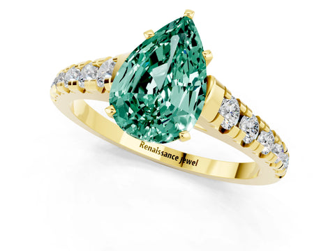 Yellow gold Pear Cut Green Sapphire Solitaire Ring with Cathedral Setting and Pavé Band_1