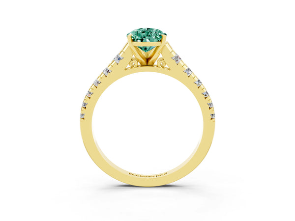 Yellow gold Pear Cut Green Sapphire Cathedral Solitaire Ring with Round  Pavé Band
