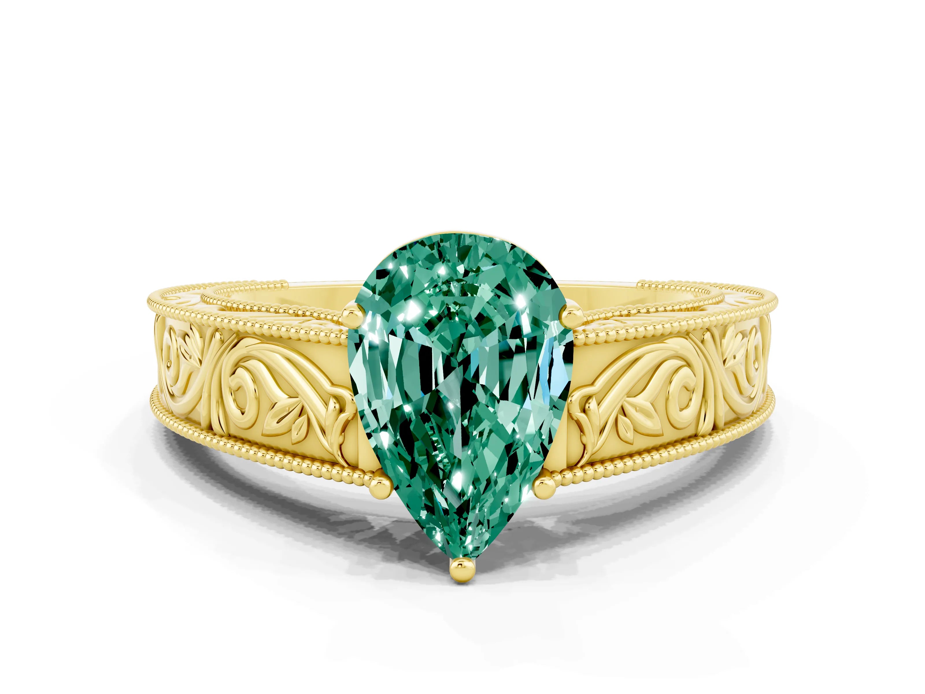 Yellow gold Pear Cut Green Sapphire Solitaire Ring with Engraved Band and Four-Prong Setting