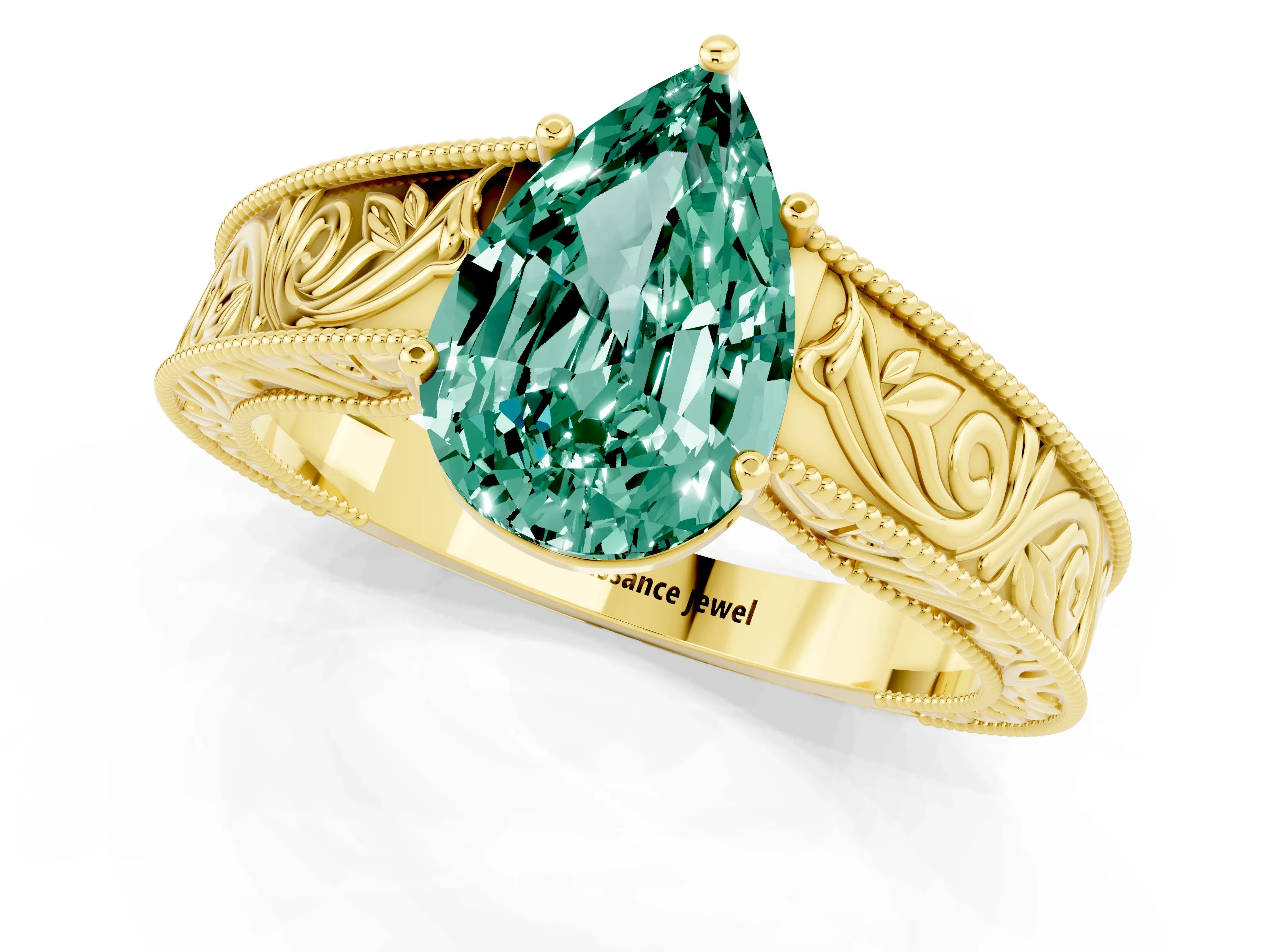 Yellow gold Pear Cut Green Sapphire Solitaire Ring with Engraved Band and Four-Prong Setting_1