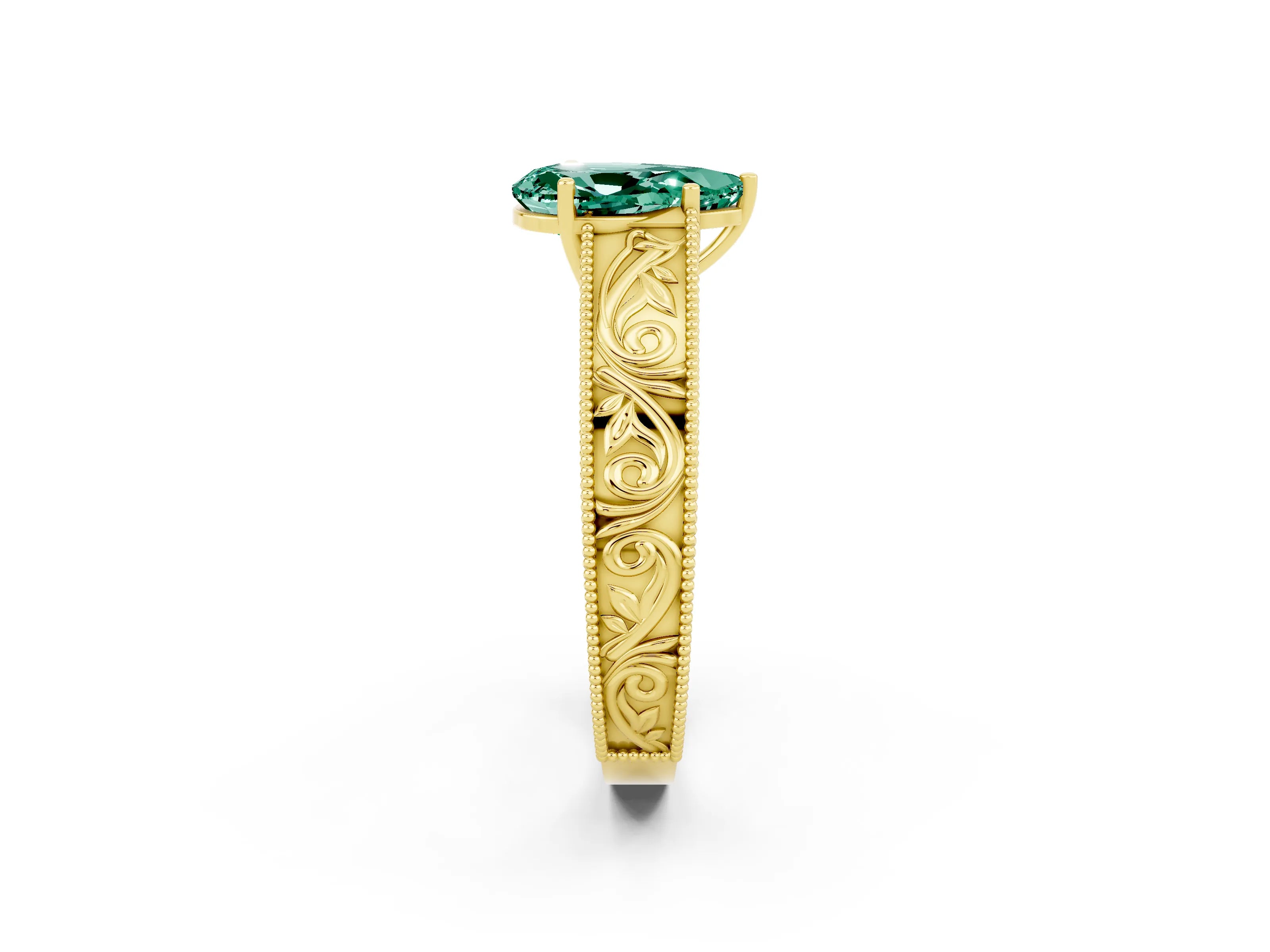 Yellow gold Pear Cut Green Sapphire Solitaire Ring with Engraved Band and Four-Prong Setting_2