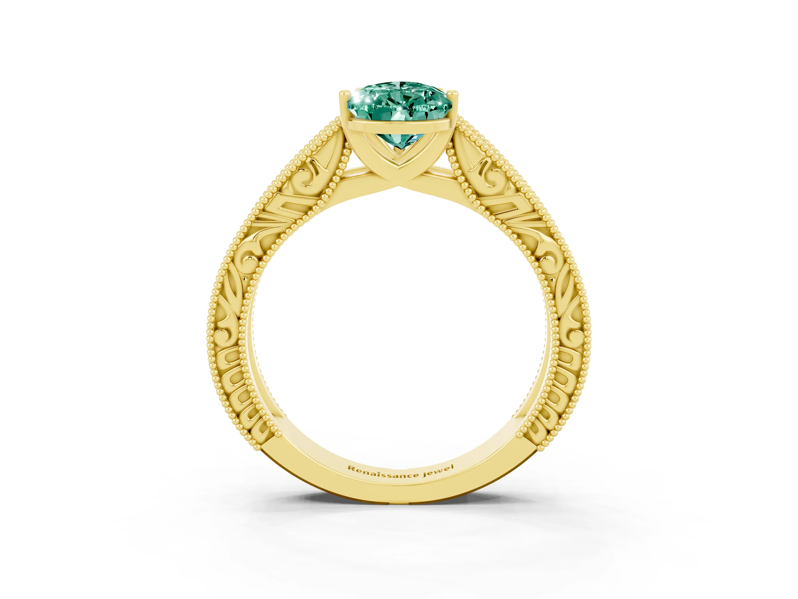 Yellow gold Pear Cut Green Sapphire Solitaire Ring with Engraved Band and Four-Prong Setting_3