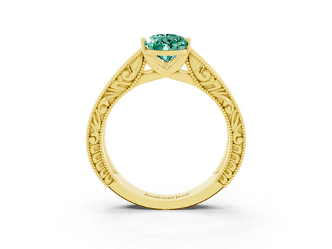 Yellow gold Pear Cut Green Sapphire Solitaire Ring with Engraved Band and Four-Prong Setting_3