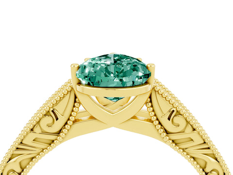 Yellow gold Pear Cut Green Sapphire Solitaire Ring with Engraved Band and Four-Prong Setting_4