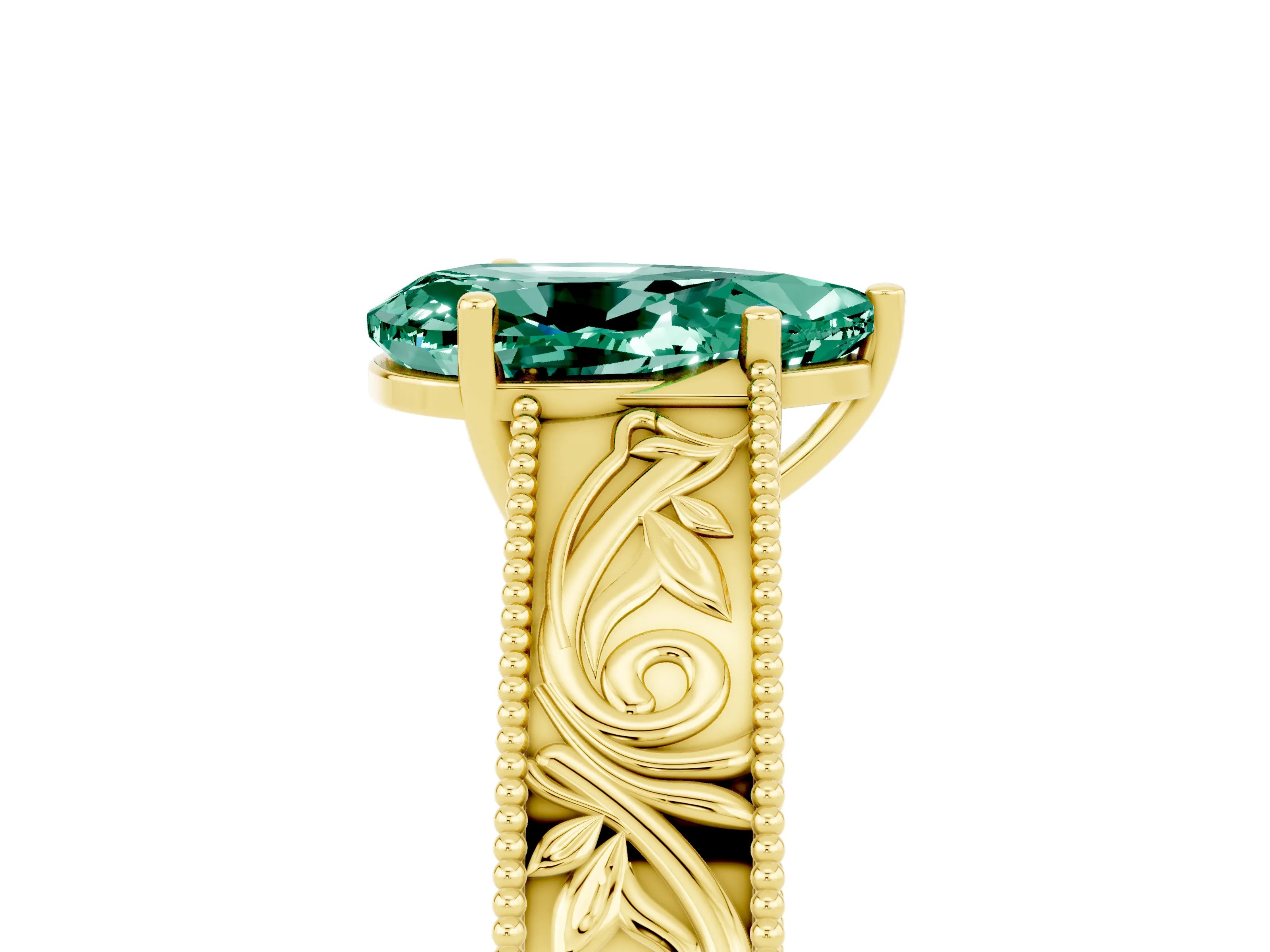 Yellow gold Pear Cut Green Sapphire Solitaire Ring with Engraved Band and Four-Prong Setting_5