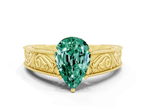 Yellow gold Pear Cut Green Sapphire Solitaire Ring with Engraved Band and Four-Prong Setting