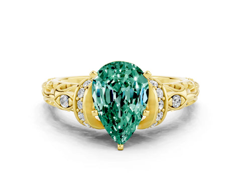 Yellow gold Pear Cut Green Sapphire Solitaire Ring with Filigree Band and Four-Prong Setting_24