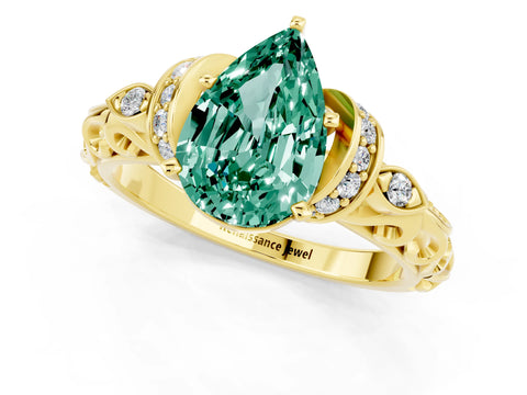 Yellow gold Pear Cut Green Sapphire Solitaire Ring with Filigree Band and Four-Prong Setting_25