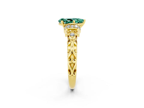 Yellow gold Pear Cut Green Sapphire Solitaire Ring with Filigree Band and Four-Prong Setting_26