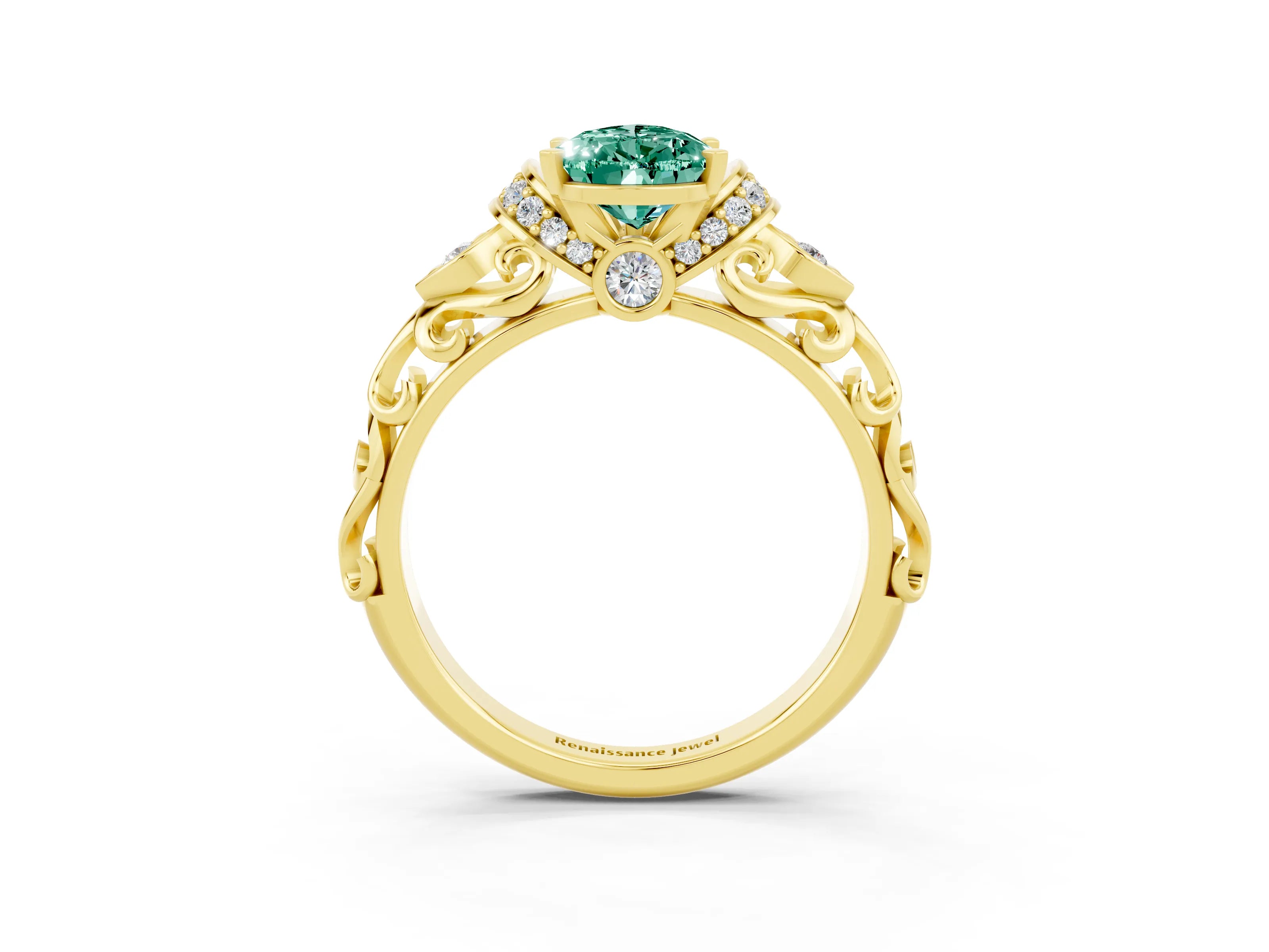 Yellow gold Pear Cut Green Sapphire Solitaire Ring with Filigree Band and Four-Prong Setting_27