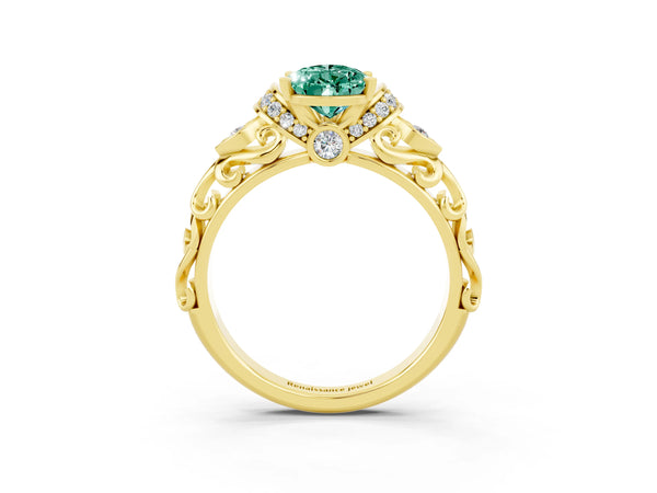 Yellow gold Pear Cut Green Sapphire Solitaire Ring with Filigree Band and Four-Prong Setting