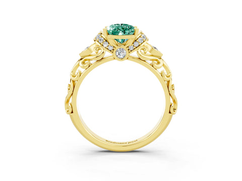 Yellow gold Pear Cut Green Sapphire Solitaire Ring with Filigree Band and Four-Prong Setting_27