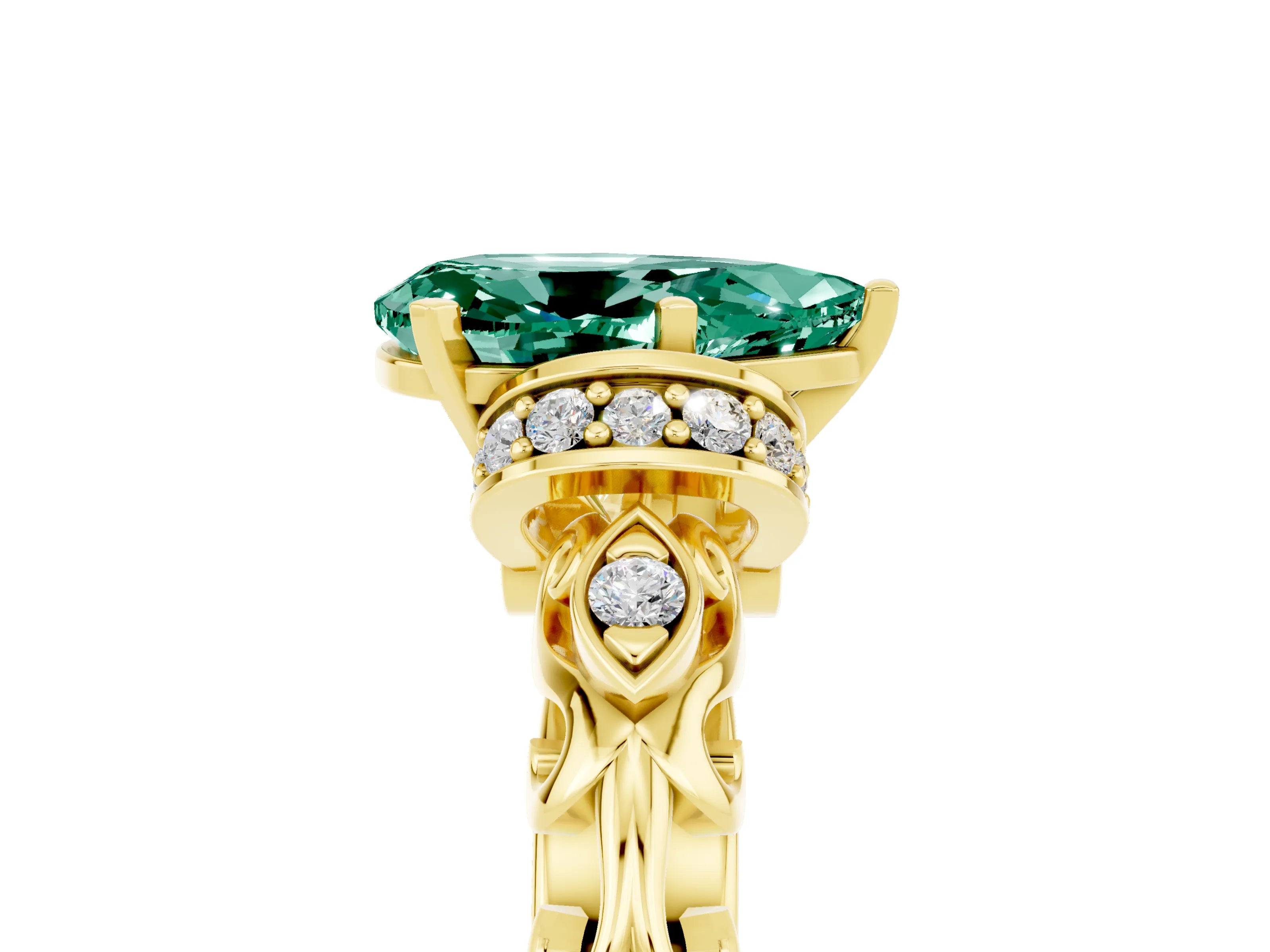 Yellow gold Pear Cut Green Sapphire Solitaire Ring with Filigree Band and Four-Prong Setting_29