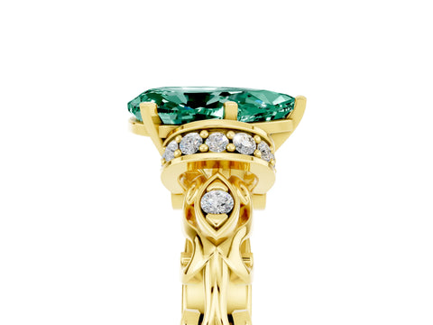 Yellow gold Pear Cut Green Sapphire Solitaire Ring with Filigree Band and Four-Prong Setting_29
