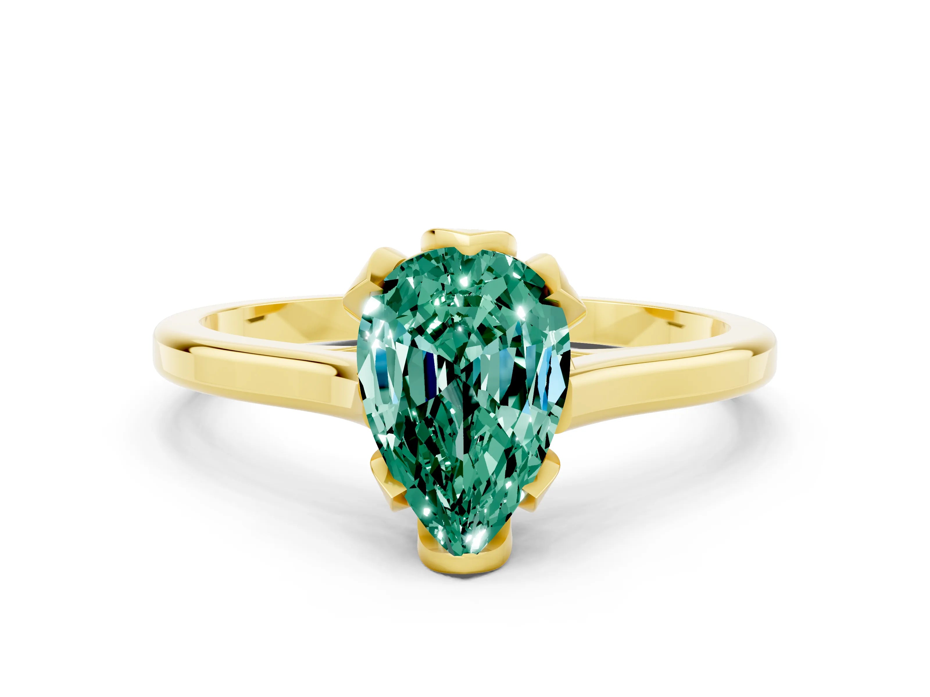 Yellow gold Pear Cut Green Sapphire Solitaire Ring with Flower Prong Setting and Classic Band_12