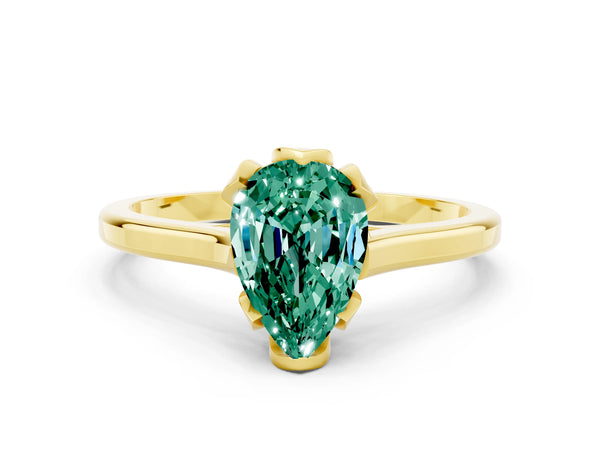 Yellow gold Pear Cut Green Sapphire Solitaire Ring with Flower Prong Setting and Classic Band