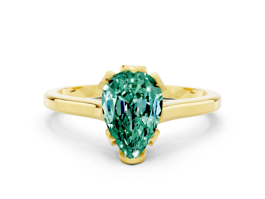 Yellow gold Pear Cut Green Sapphire Solitaire Ring with Flower Prong Setting and Classic Band_12