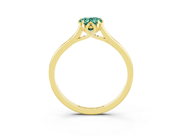 Yellow gold Pear Cut Green Sapphire Solitaire Ring with Flower Prong Setting and Classic Band