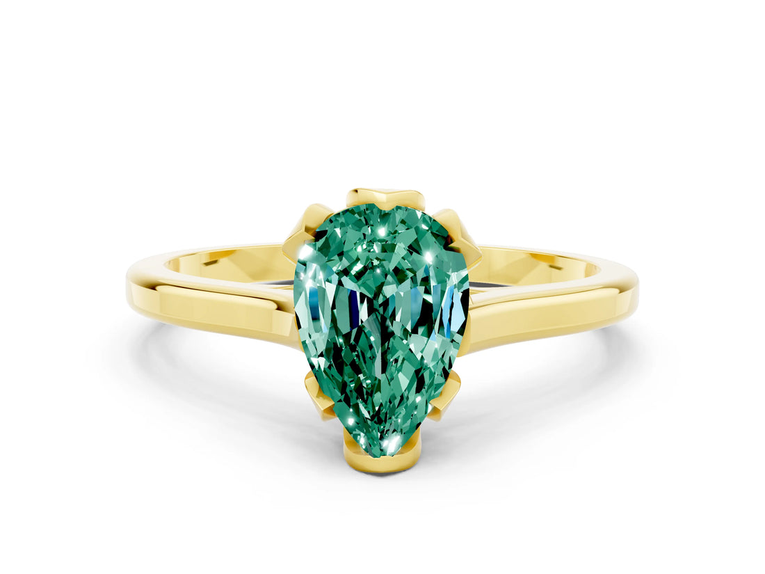 Yellow gold Pear Cut Green Sapphire Solitaire Ring with Flower Prong Setting and Classic Band_36