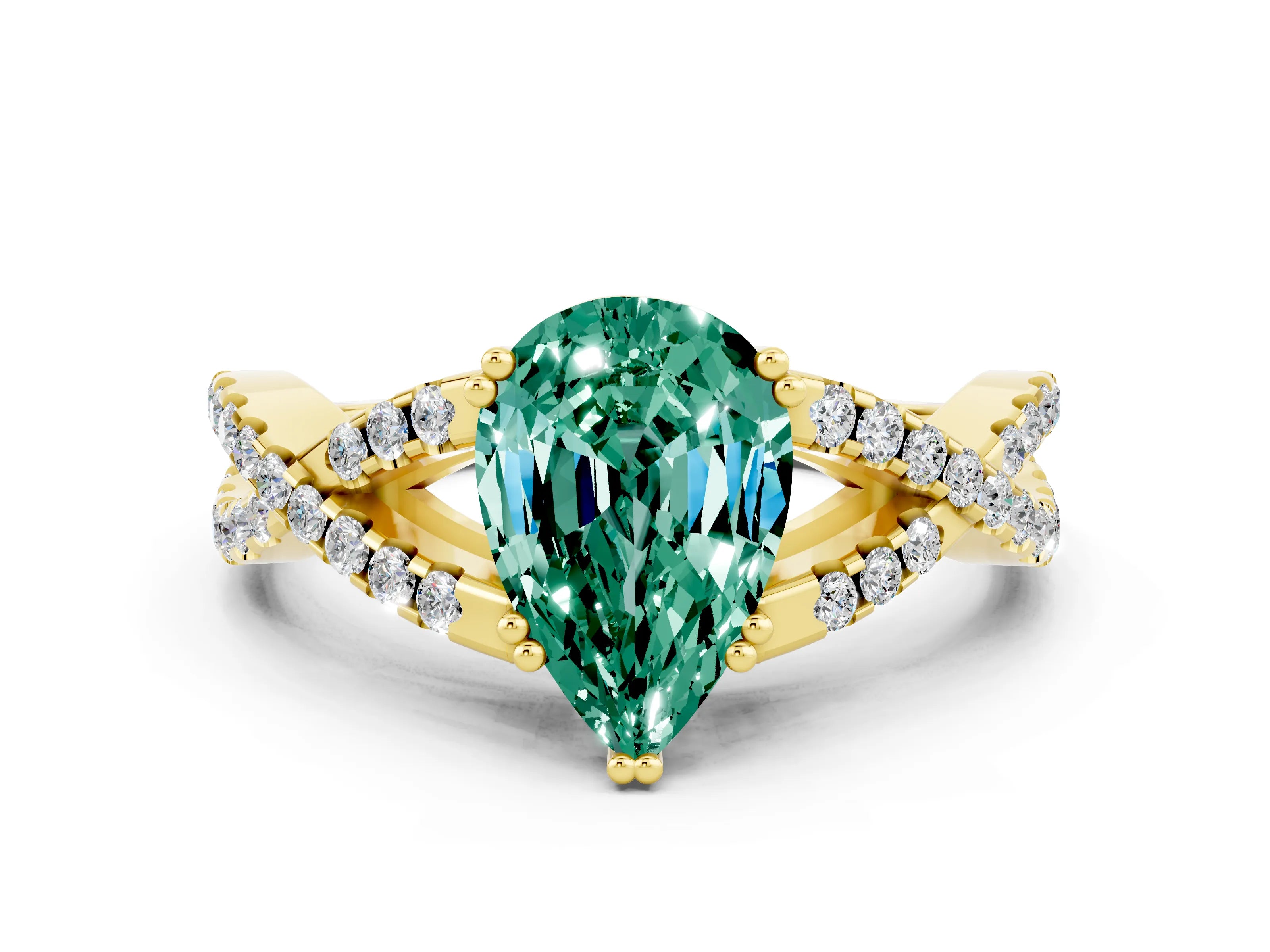 Yellow gold Pear Cut Green Sapphire Solitaire Ring with Four-Prong Setting and Twisted Pavé Band