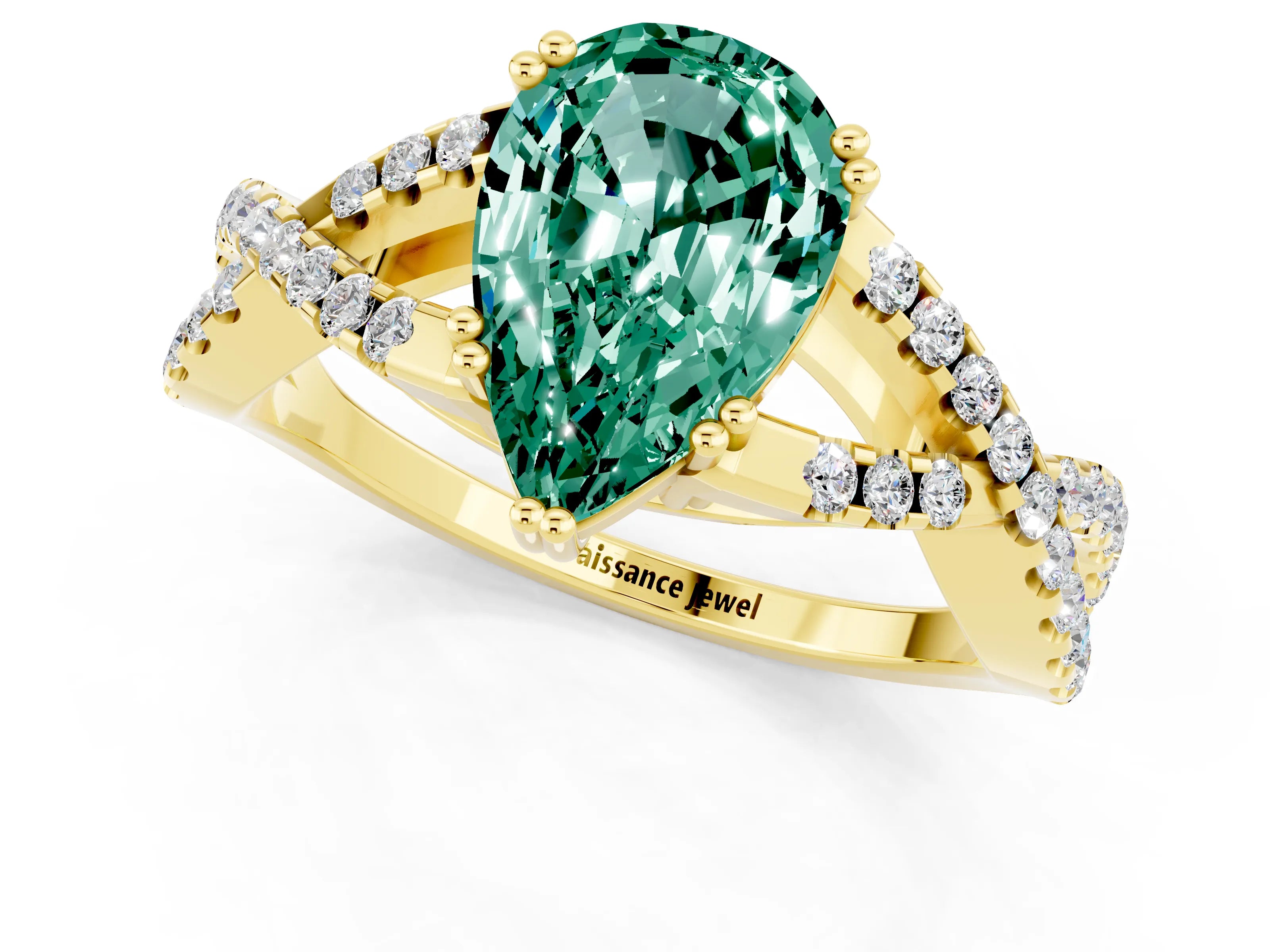 Yellow gold Pear Cut Green Sapphire Solitaire Ring with Four-Prong Setting and Twisted Pavé Band_1