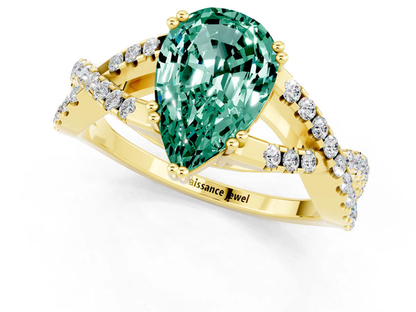 Yellow gold Pear Cut Green Sapphire Solitaire Ring with Four-Prong Setting and Twisted Pavé Band