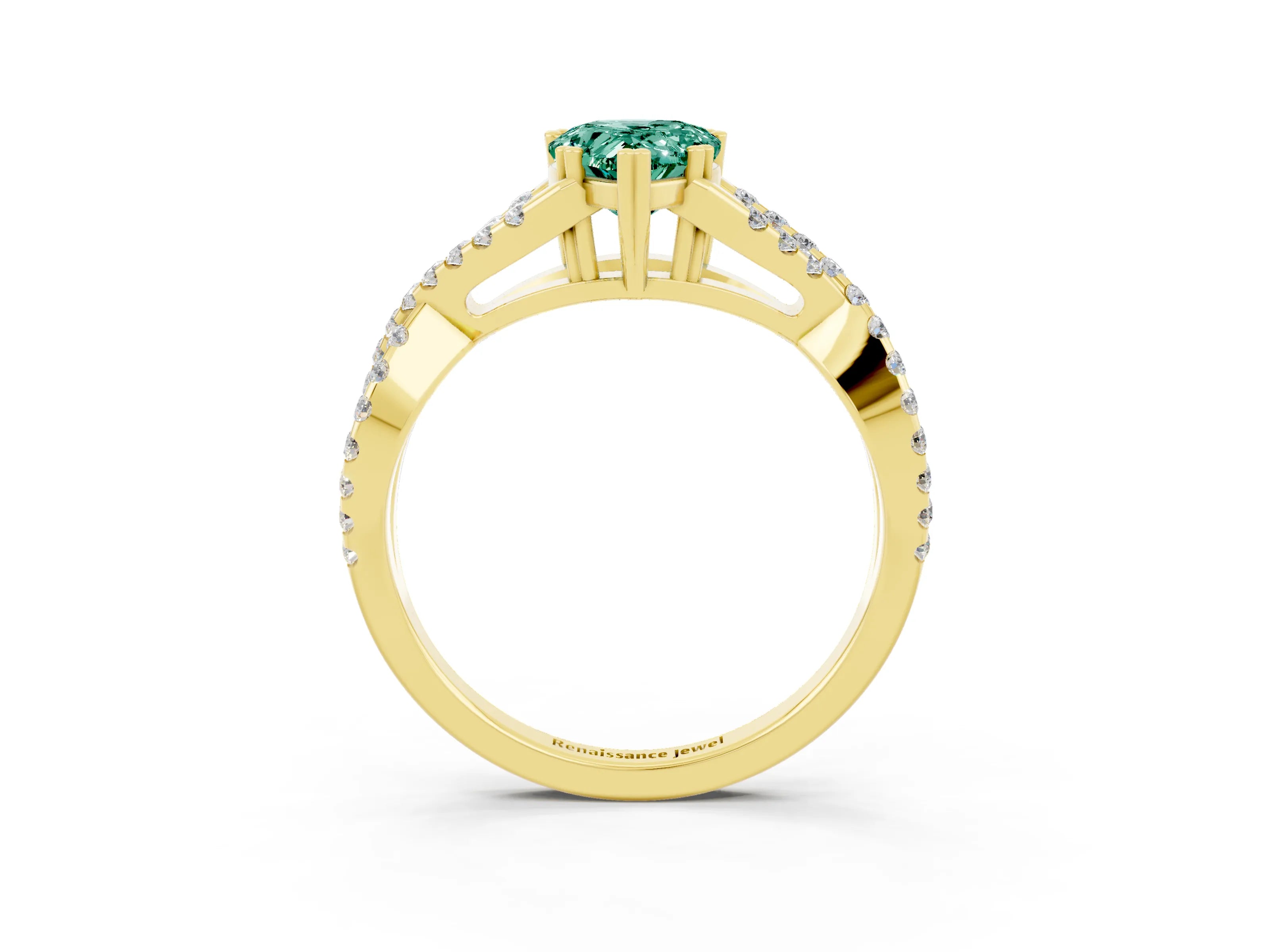 Yellow gold Pear Cut Green Sapphire Solitaire Ring with Four-Prong Setting and Twisted Pavé Band_3