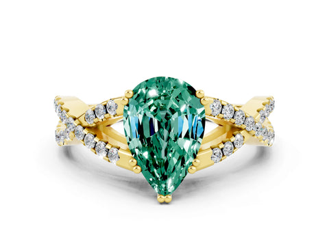 Yellow gold Pear Cut Green Sapphire Solitaire Ring with Four-Prong Setting and Twisted Pavé Band