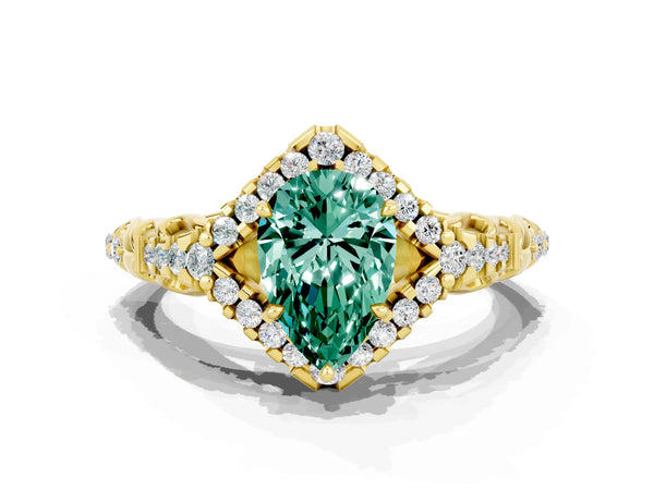 Yellow gold Pear Cut Green Sapphire Solitaire Ring with Hidden Halo and Pavé Band