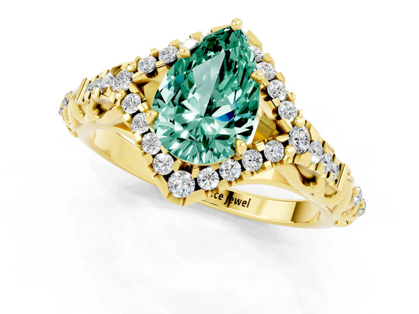 Yellow gold Pear Cut Green Sapphire Solitaire Ring with Hidden Halo and Pavé Band