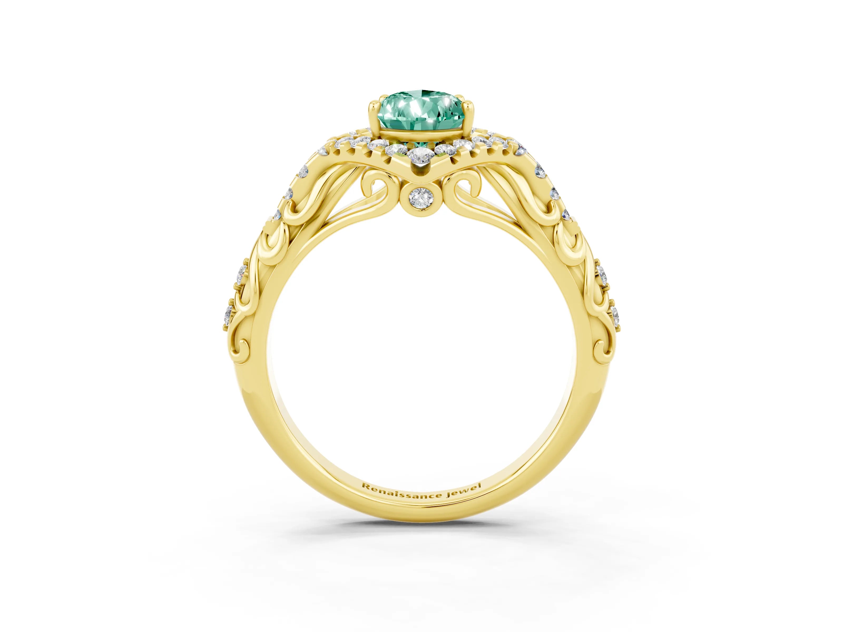 Yellow gold Pear Cut Green Sapphire Solitaire Ring with Hidden Halo and Pavé Band_27