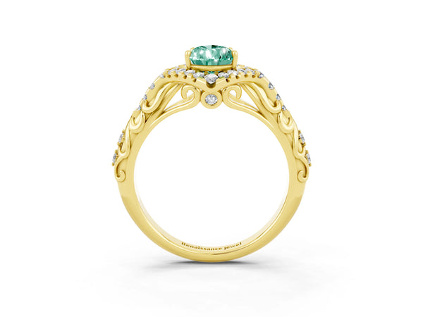Yellow gold Pear Cut Green Sapphire Solitaire Ring with Hidden Halo and Pavé Band