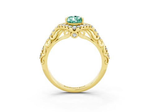 Yellow gold Pear Cut Green Sapphire Solitaire Ring with Hidden Halo and Pavé Band_27