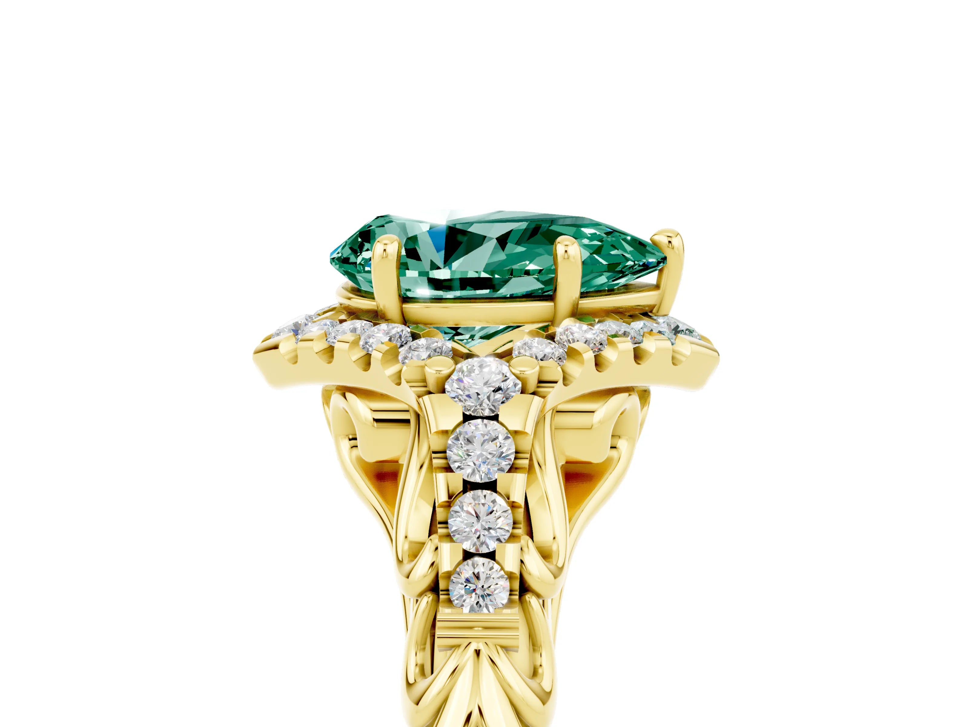 Yellow gold Pear Cut Green Sapphire Solitaire Ring with Hidden Halo and Pavé Band_29