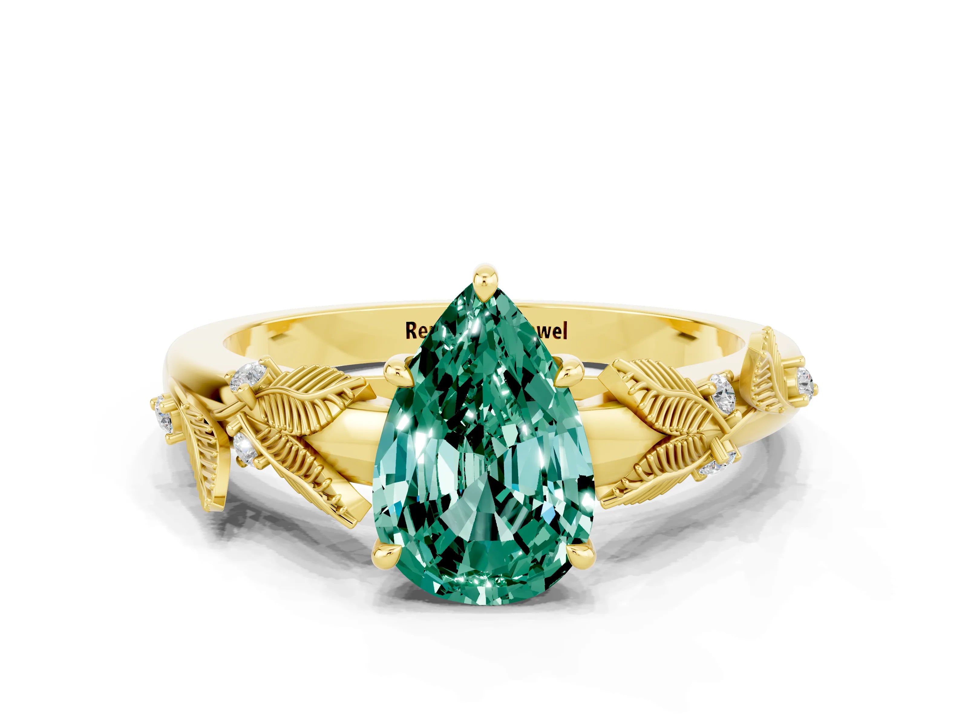 Yellow gold Pear Cut Green Sapphire Solitaire Ring with Leaf Motif Band and Four-Prong Setting