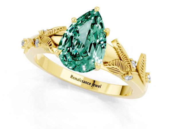 Yellow gold Pear Cut Green Sapphire Solitaire Ring with Leaf Motif Band and Four-Prong Setting
