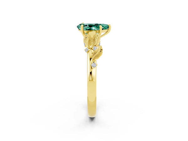 Yellow gold Pear Cut Green Sapphire Solitaire Ring with Leaf Motif Band and Four-Prong Setting