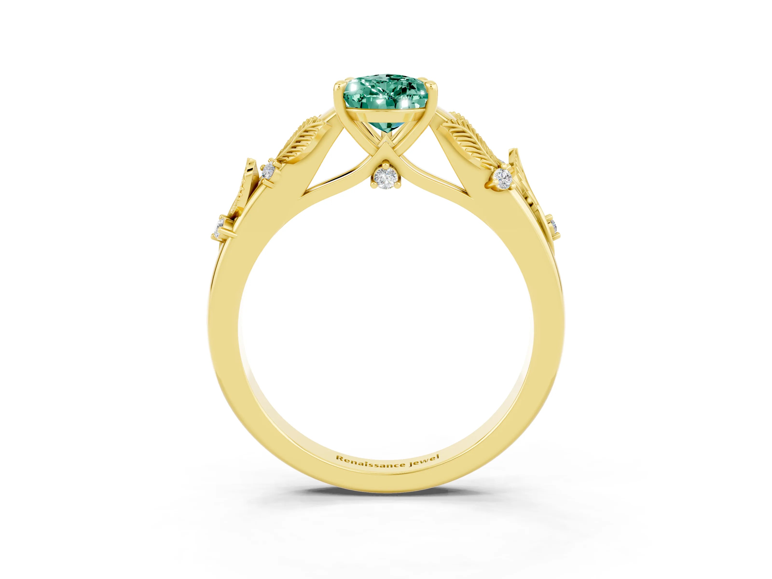 Yellow gold Pear Cut Green Sapphire Solitaire Ring with Leaf Motif Band and Four-Prong Setting_3