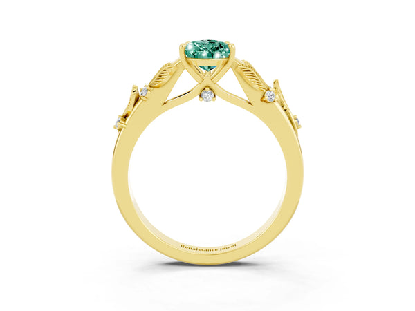 Yellow gold Pear Cut Green Sapphire Solitaire Ring with Leaf Motif Band and Four-Prong Setting