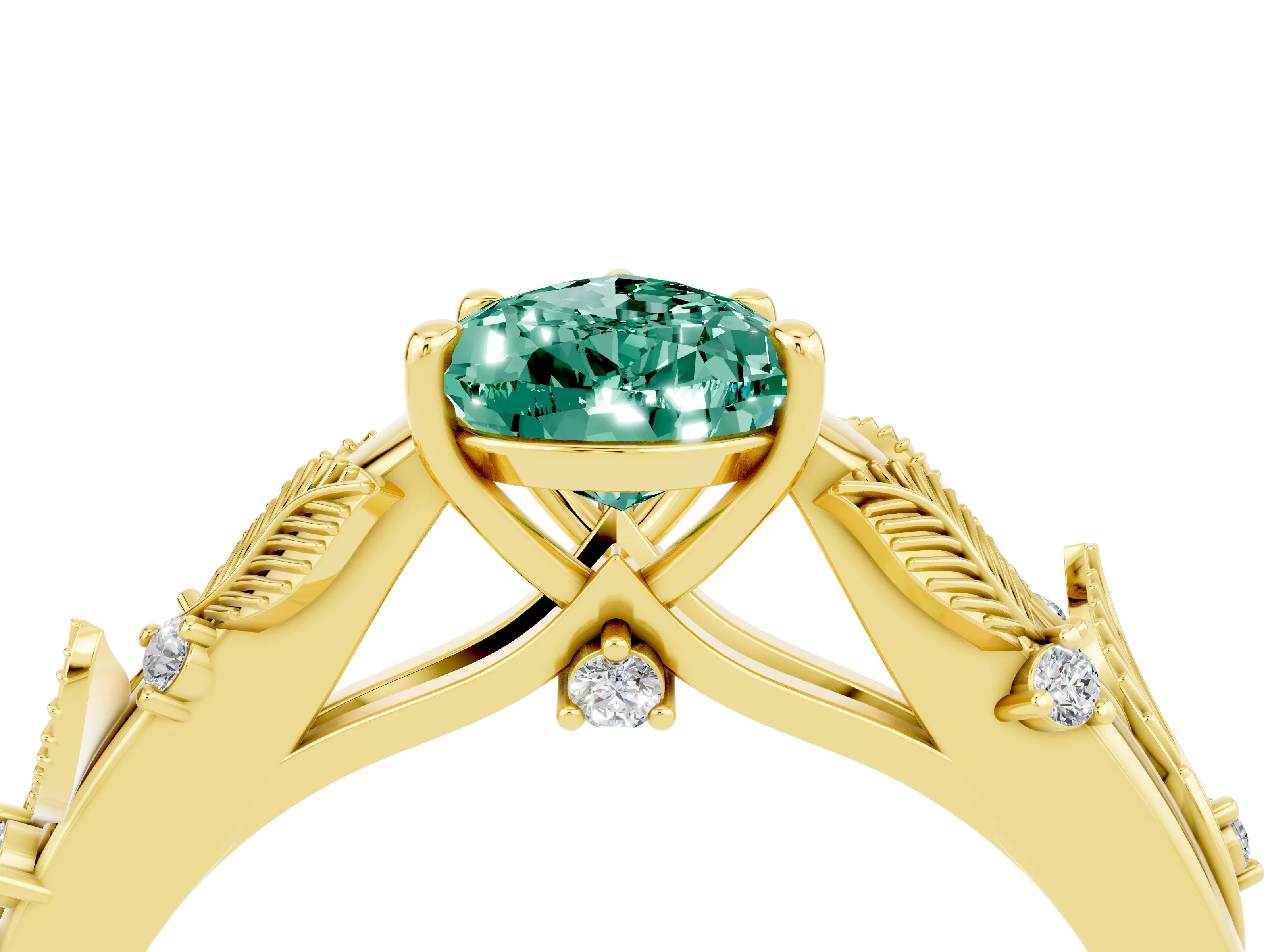 Yellow gold Pear Cut Green Sapphire Solitaire Ring with Leaf Motif Band and Four-Prong Setting_4