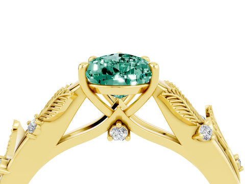 Yellow gold Pear Cut Green Sapphire Solitaire Ring with Leaf Motif Band and Four-Prong Setting_4