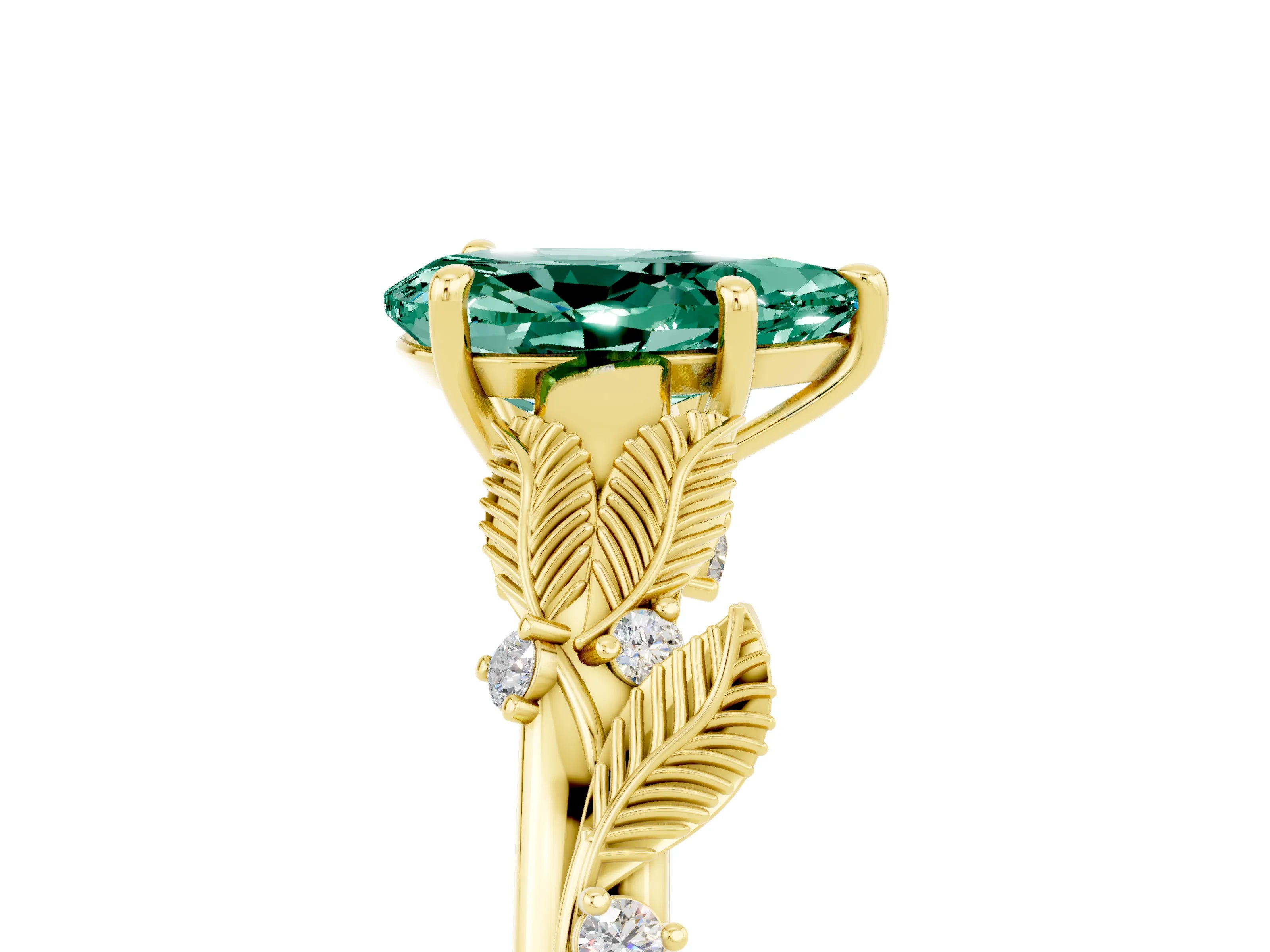 Yellow gold Pear Cut Green Sapphire Solitaire Ring with Leaf Motif Band and Four-Prong Setting_5