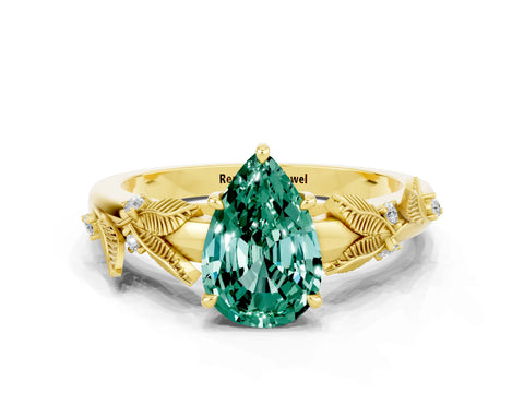 Yellow gold Pear Cut Green Sapphire Solitaire Ring with Leaf Motif Band and Four-Prong Setting